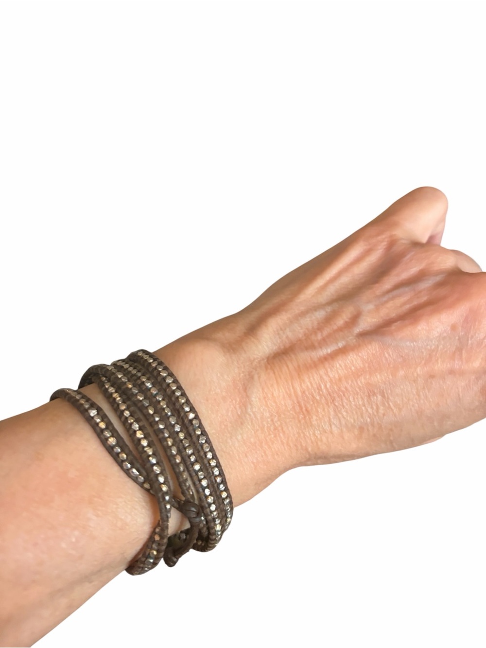 Chan Luu Brown Leather Wrap Bracelet with Silver Beads